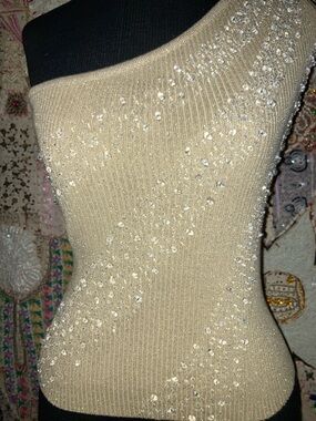 Beaded One-Shoulder Knit Top in Champagne